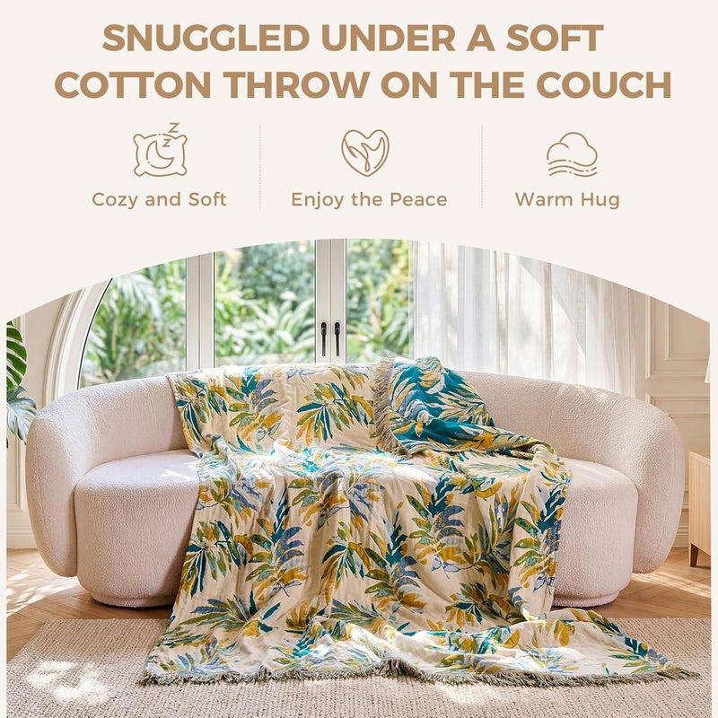 LUTBM Boho Throw Blanket for Bed Cotton Summer Blankets Twin Size for Bedroom Living Room All Season Lightweight Leaves Embroidery Breathable Quilt for Couch Sofa Chair 60"x80" Home Decor - Image 4