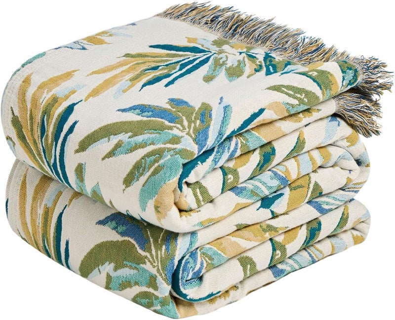 LUTBM Boho Throw Blanket for Bed Cotton Summer Blankets Twin Size for Bedroom Living Room All Season Lightweight Leaves Embroidery Breathable Quilt for Couch Sofa Chair 60"x80" Home Decor - Image 1