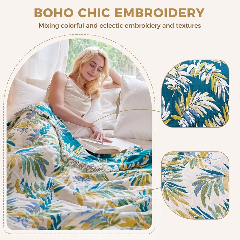 LUTBM Boho Throw Blanket for Bed Cotton Summer Blankets Twin Size for Bedroom Living Room All Season Lightweight Leaves Embroidery Breathable Quilt for Couch Sofa Chair 60"x80" Home Decor - Image 3