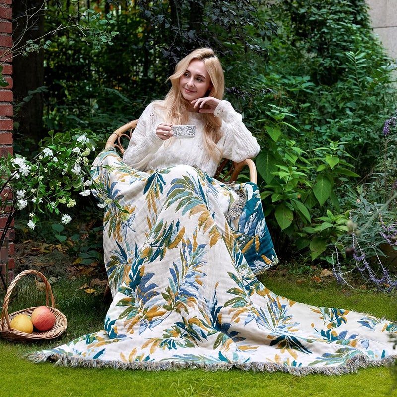 LUTBM Boho Throw Blanket for Bed Cotton Summer Blankets Twin Size for Bedroom Living Room All Season Lightweight Leaves Embroidery Breathable Quilt for Couch Sofa Chair 60"x80" Home Decor - Image 5