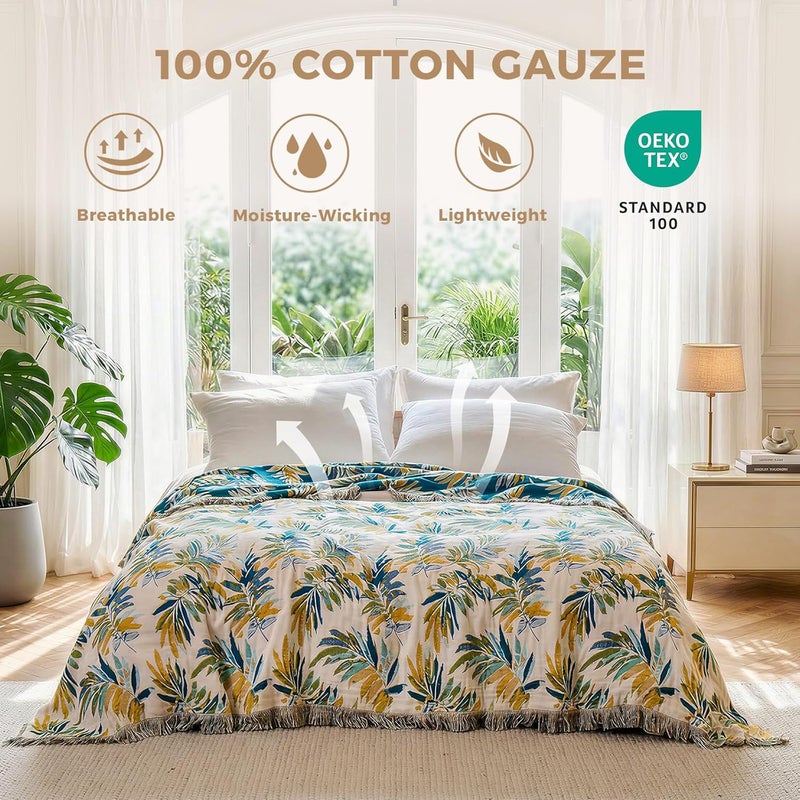 LUTBM Boho Throw Blanket for Bed Cotton Summer Blankets Twin Size for Bedroom Living Room All Season Lightweight Leaves Embroidery Breathable Quilt for Couch Sofa Chair 60"x80" Home Decor - Image 2
