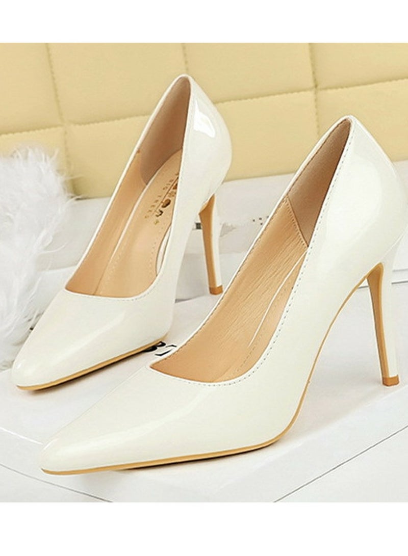 بيج تري المرأة مغلقة أشارت إصبع القدم كعب عالي براءة اختراع مضخات الجلد الأبيض 10CM - Image 1