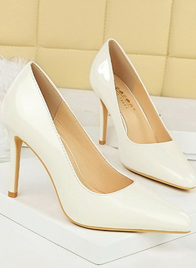 بيج تري المرأة مغلقة أشارت إصبع القدم كعب عالي براءة اختراع مضخات الجلد الأبيض 10CM - Image 2