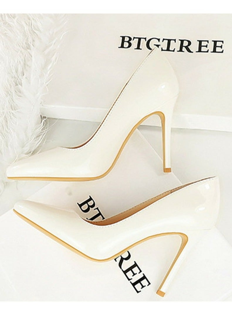 بيج تري المرأة مغلقة أشارت إصبع القدم كعب عالي براءة اختراع مضخات الجلد الأبيض 10CM - Image 3