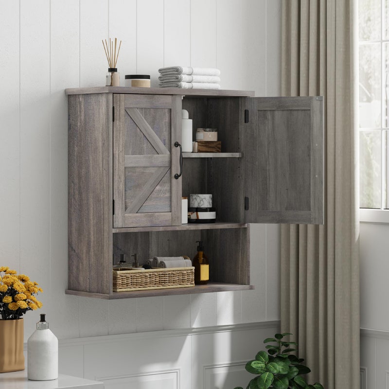 Smuxee Farmhouse Bathroom Cabinet Wall Mounted, Washed Grey Small Medicine Cabinet with Adjustable Shelf, Bathroom Cabinet for Living Room, Laundry Room - Image 2