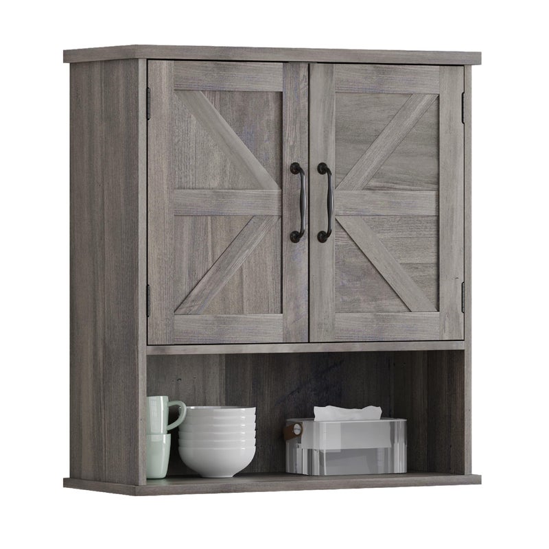 Smuxee Farmhouse Bathroom Cabinet Wall Mounted, Washed Grey Small Medicine Cabinet with Adjustable Shelf, Bathroom Cabinet for Living Room, Laundry Room - Image 1