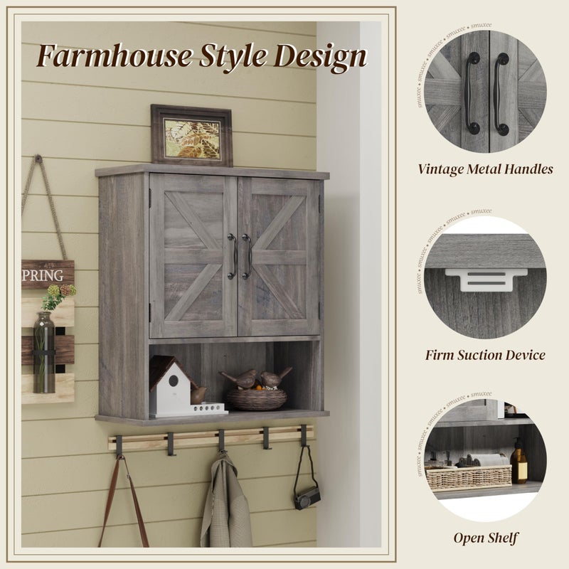 Smuxee Farmhouse Bathroom Cabinet Wall Mounted, Washed Grey Small Medicine Cabinet with Adjustable Shelf, Bathroom Cabinet for Living Room, Laundry Room - Image 4