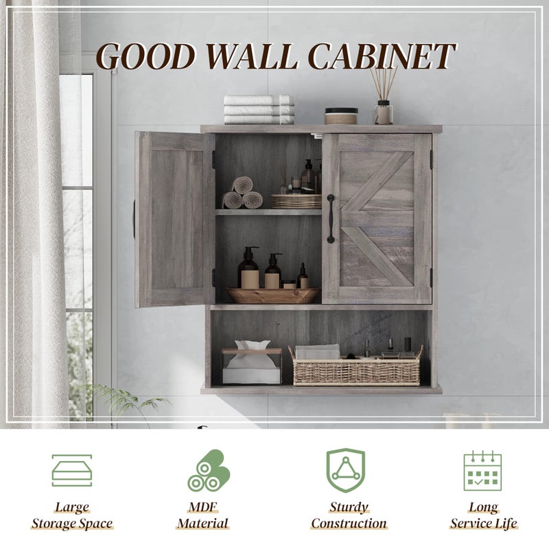Smuxee Farmhouse Bathroom Cabinet Wall Mounted, Washed Grey Small Medicine Cabinet with Adjustable Shelf, Bathroom Cabinet for Living Room, Laundry Room - Image 5