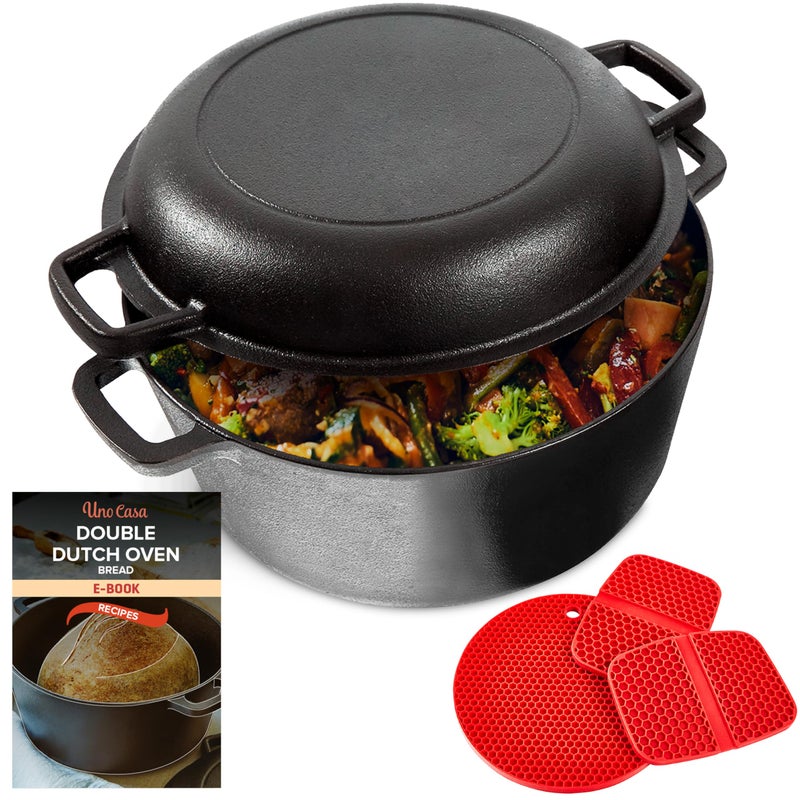 Uno Casa 2in1 Cast Iron Dutch Oven Large 5 Quart Dutch Oven Pot with Lid PreSeasoned Cooking Dish for Bread Baking and Stews Heavy Duty Cast Iron Pot with Detachable Frying Pan Lid for Versatile Cooking