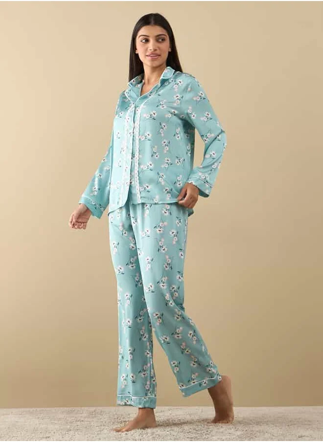 فاف All-Over Floral Print Laced Long Sleeve Shirt and Elasticated Pyjama Set