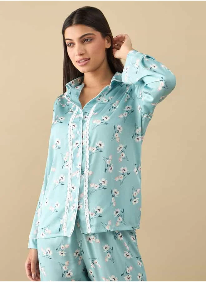 فاف All-Over Floral Print Laced Long Sleeve Shirt and Elasticated Pyjama Set