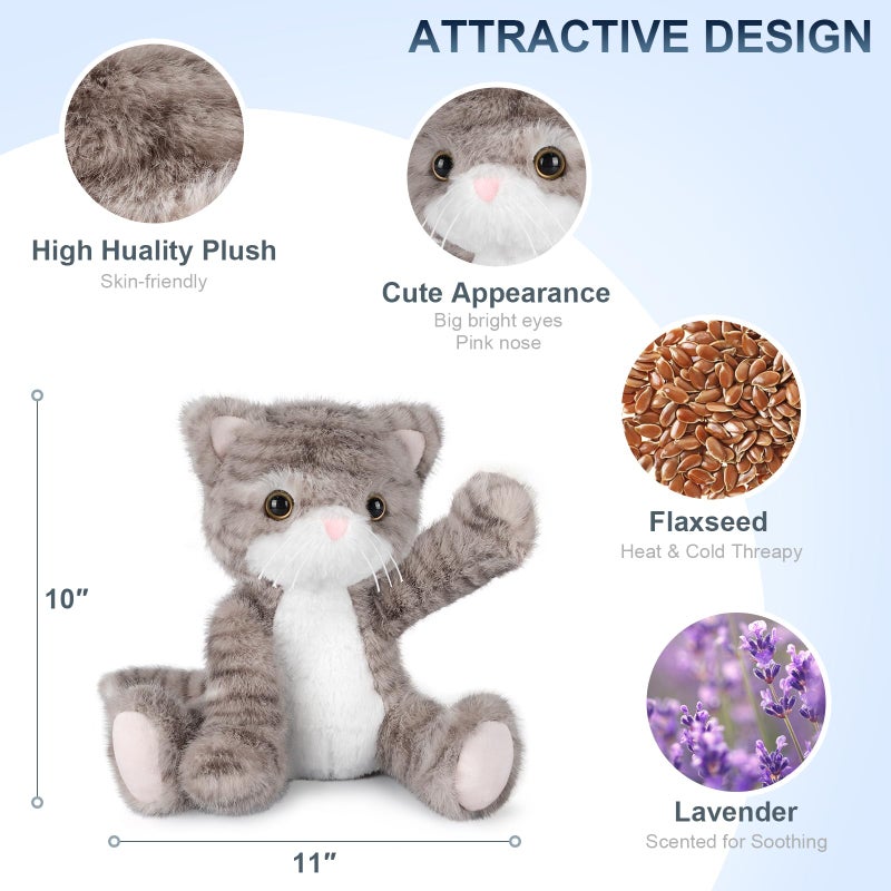 SuzziPals Heatable & Coolable Grey Cat Stuffed Animal, Cat Heating Pad Microwavable for Soothing & Relaxation, Lavender Scented Cat Plush Toy for Stress Relief, Stuffed Cat Toys for Kids - Image 2