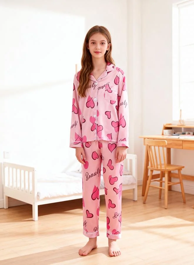 Take Two  Girls Heart Print Long Sleeve Shirt And Pyjama Set for Women | Best Price UAE