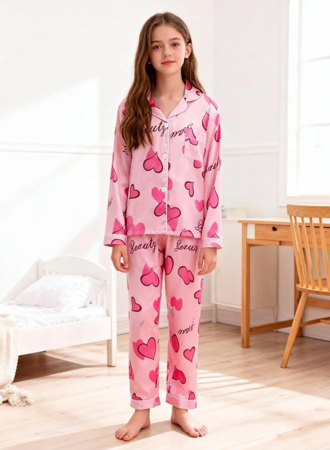 Take Two  Girls Heart Print Long Sleeve Shirt And Pyjama Set for Women | Best Price UAE