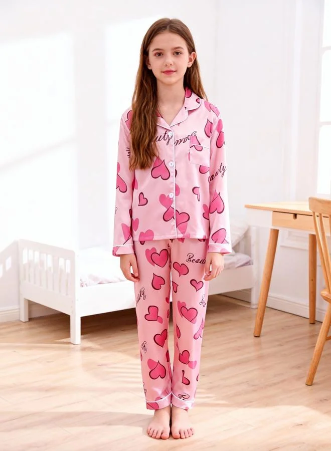 Take Two  Girls Heart Print Long Sleeve Shirt And Pyjama Set for Women | Best Price UAE