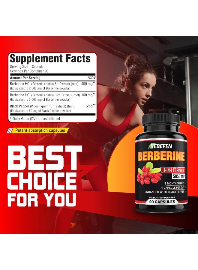 بيبيفين كبسولات البربرين - حبوب تركيبة 5050 مجم مع مستخلص الفلفل الأسود - 90 كبسولة مكملة للبربرين لدعم نظام المناعة الصحي، القلب والأوعية الدموية - كمية تكفي لمدة 3 أشهر - Image 2