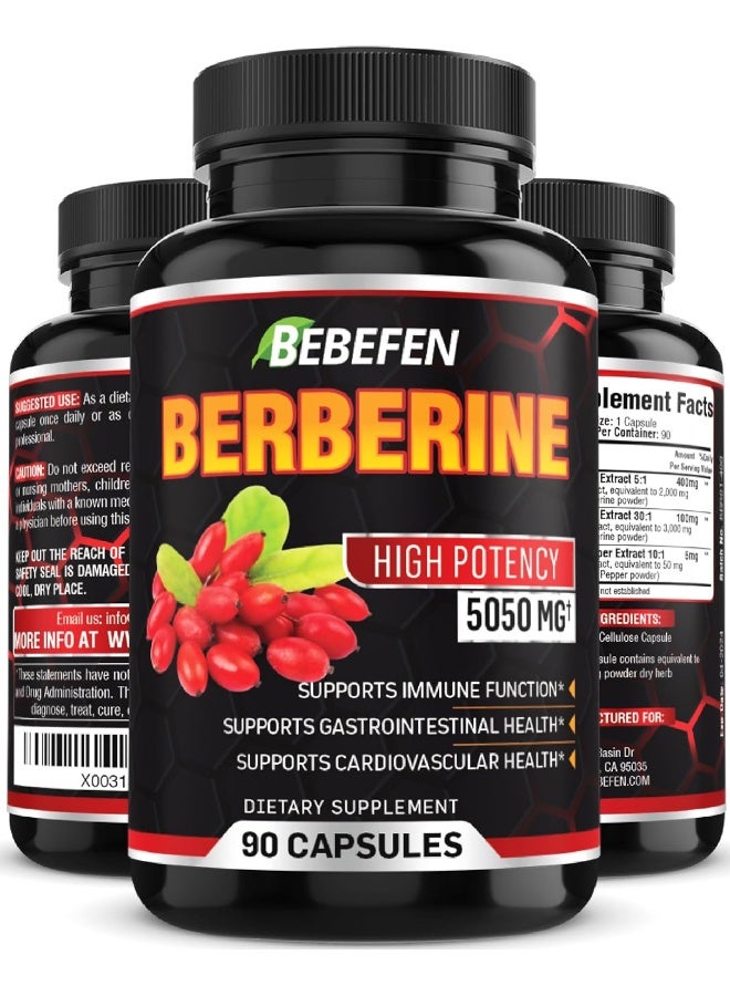 بيبيفين كبسولات البربرين - حبوب تركيبة 5050 مجم مع مستخلص الفلفل الأسود - 90 كبسولة مكملة للبربرين لدعم نظام المناعة الصحي، القلب والأوعية الدموية - كمية تكفي لمدة 3 أشهر - Image 1