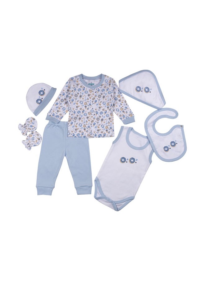 Babies Basic 7 Piece Unisex 100% Cotton Gift Set Include Bib, Pyjama, Mitten, Cap, Romper, Top And Bottom Set  - Image 1
