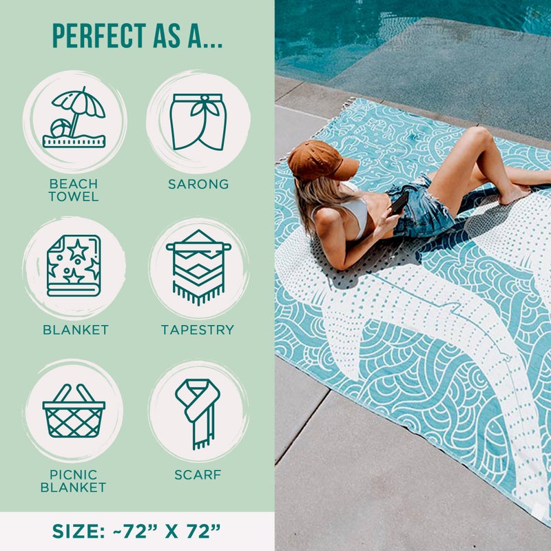 Sand Cloud Large Turkish Beach Towel - Sand Free - 100% Organic Turkish Cotton Yarn - Quick Dry Towel for Beach, Picnic, Blanket or Bath - As Seen on Shark Tank - Marine Life (Whale Shark Turquoise) - Image 3