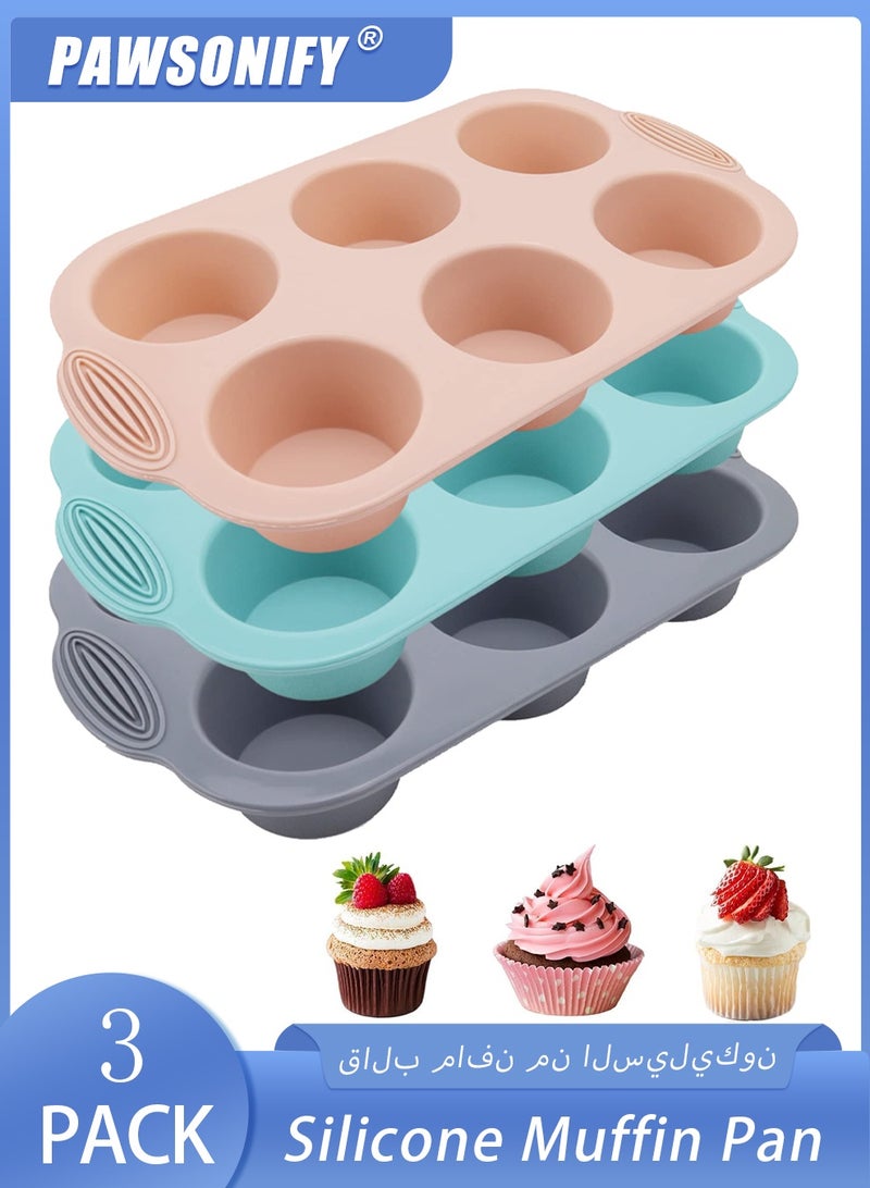 PAWSONIFY 3 Pcs Food Grade Silicone Muffin Pan, 6-Cavity Nonstick Baking Tray for Muffins, Bakeware, Oven Microwave Dishwasher Freezer Safe, for Home Baking Meal Prep - Image 1