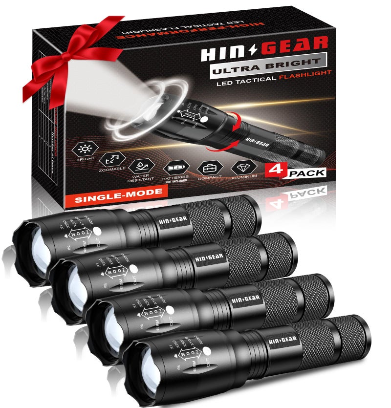 HinsGEAR 1 Mode Flashlights 4 Pack Bright Zoomable LED Tactical Flashlight High Lumens Water Resistant Portable Pocket Flash Light for Emergency Camping Essentials Gift SL2000