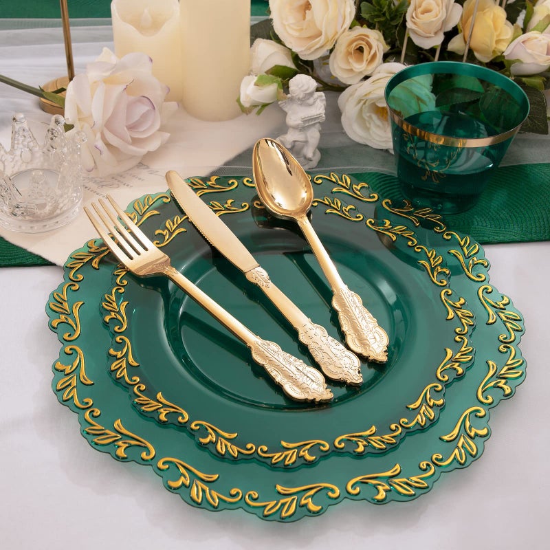 PULOTE 175PCS Clear Green Plastic Plates & Gold Plastic Silverware & Clear Green Cups & Gold Napkins Service 25 Guest for Party&Christmas - Image 5