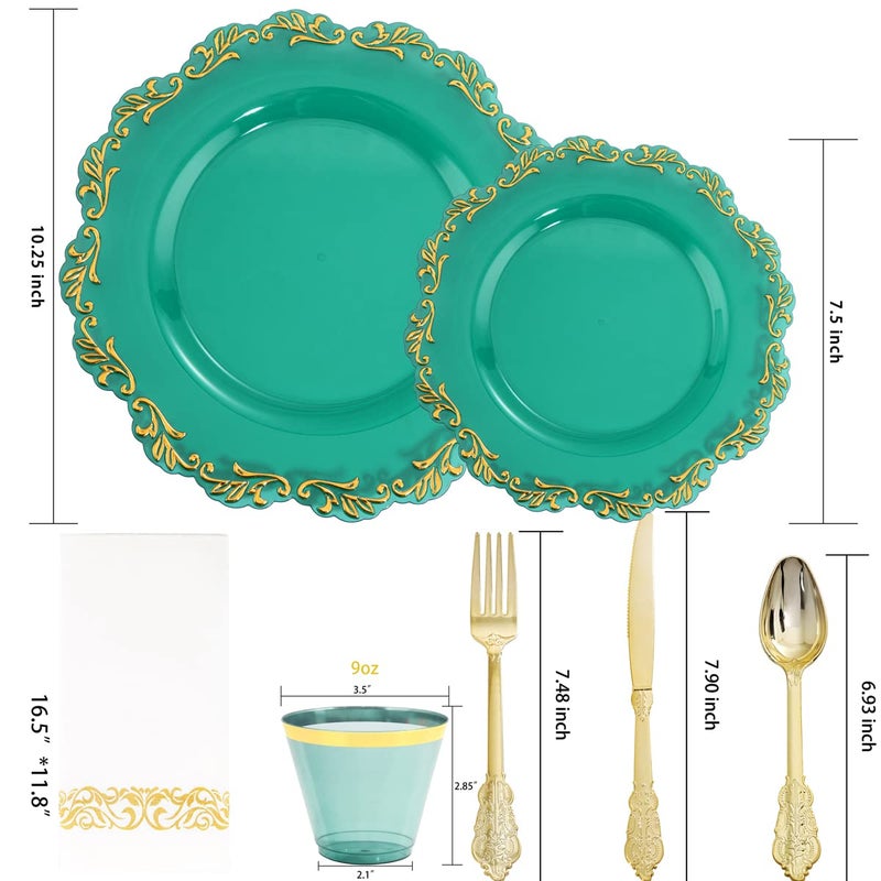 PULOTE 175PCS Clear Green Plastic Plates & Gold Plastic Silverware & Clear Green Cups & Gold Napkins Service 25 Guest for Party&Christmas - Image 2