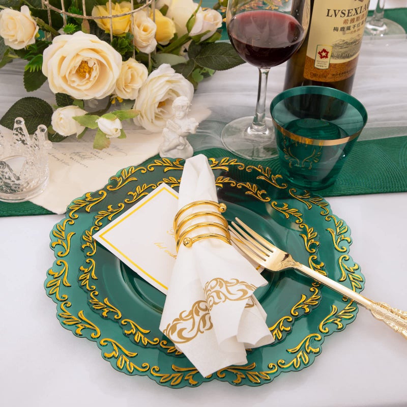 PULOTE 175PCS Clear Green Plastic Plates & Gold Plastic Silverware & Clear Green Cups & Gold Napkins Service 25 Guest for Party&Christmas - Image 3