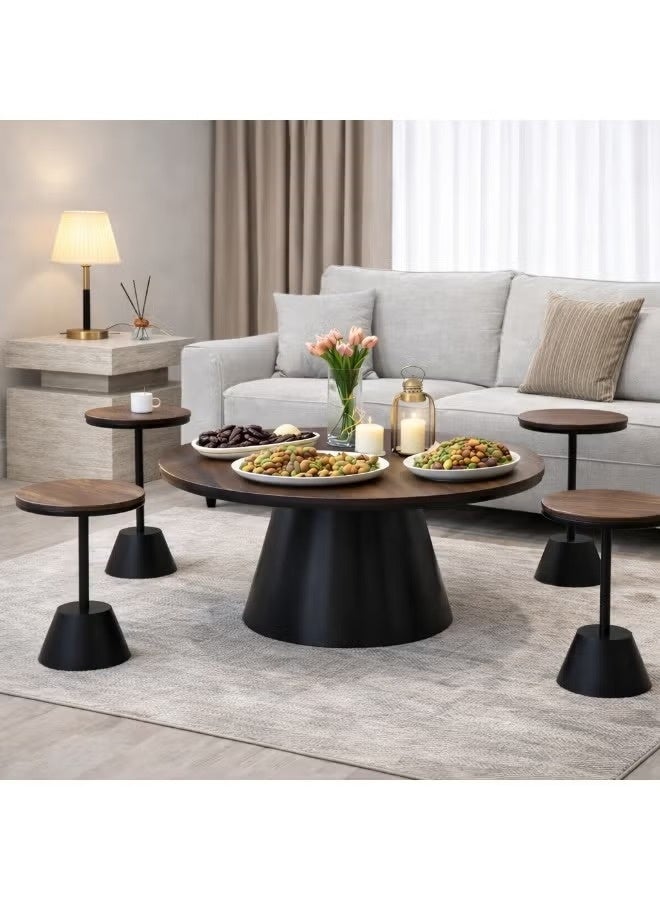 5-Piece Coffee Table & Side Table Set – Modern Wooden Top with Black Metal Base - Image 1