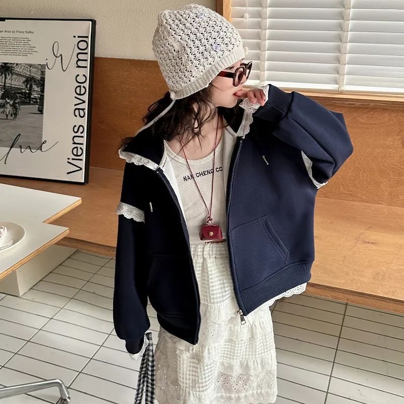 Womens Treasure Korean-style Lace Top Big Childrens Spring New Solid Color Fashion Stylish Hooded Long-sleeved Cardigan Trendy Navy blue coat 