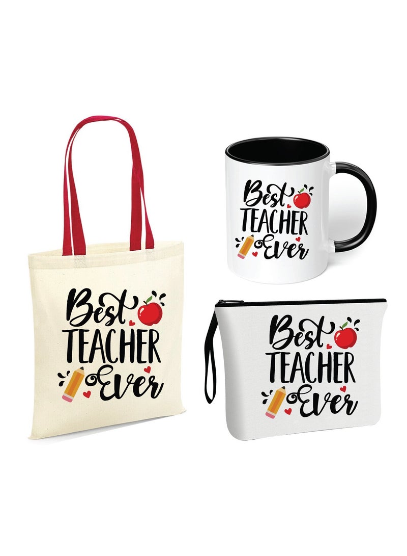 PRINTSHOP4ME Teacher's Day Gift Combo Stylish Red Handled Cotton Bag-Two Tone Black Mugs And Cosmetic Pouch-Pack Of 3 Combo Set-World Teachers Day - Image 1