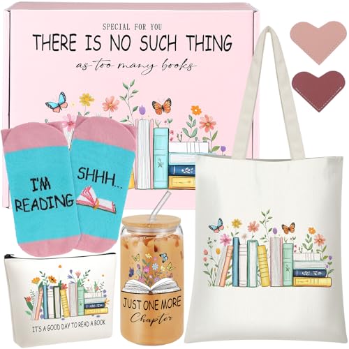Beeveer Book Lover Gifts Set for Women Bookish Gifts Include Reading Canvas Tote Bag Cosmetic Bags Novelty Socks Leather Heart Bookmarks 16 oz Glass Tumbler for Librarian Bookish Readers Teacher - Image 1