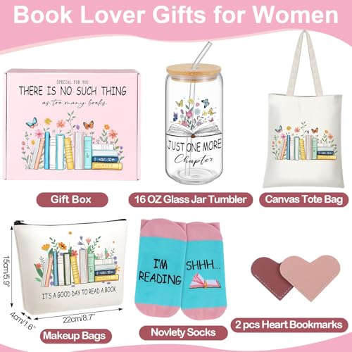 Beeveer Book Lover Gifts Set for Women Bookish Gifts Include Reading Canvas Tote Bag Cosmetic Bags Novelty Socks Leather Heart Bookmarks 16 oz Glass Tumbler for Librarian Bookish Readers Teacher - Image 3