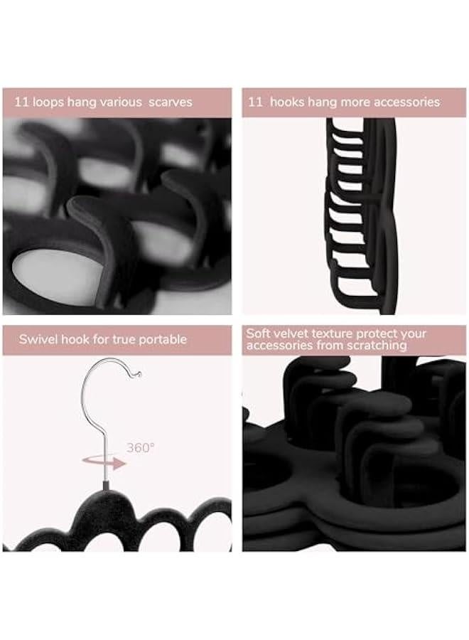 Velvet Scarf Hanger, Scarf Organizer, Flocked Velvet Finish, Scarf Holder with 11 Loops and Hooks for Shawls, Scarves, Ties, Belts, or Other Accessories, 2 Pack (Black)  - Image 3