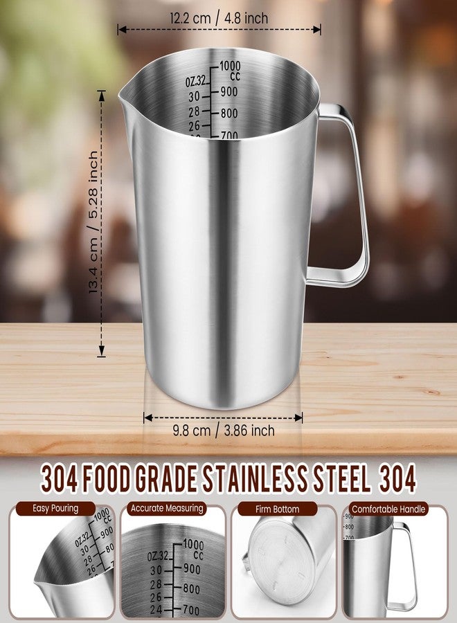 Copkim 4 Pcs Stainless Steel Pitcher with Handle and Pour Lip 33.8 Oz, 1000 Ml, 4 Cup Metal Liquid Measuring Cup Measuring Jug Milk Frothing Pitcher for Milk Latte Art Water Pouring - Image 2