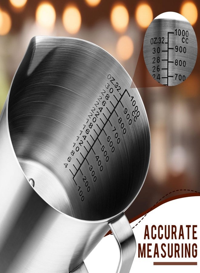 Copkim 4 Pcs Stainless Steel Pitcher with Handle and Pour Lip 33.8 Oz, 1000 Ml, 4 Cup Metal Liquid Measuring Cup Measuring Jug Milk Frothing Pitcher for Milk Latte Art Water Pouring - Image 3