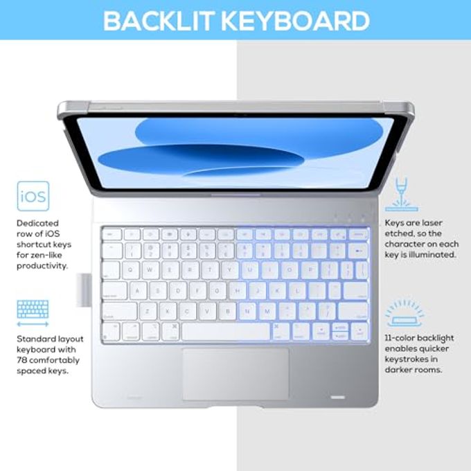 typecase Touch Ipad 11Th 10Th Generation Case With Keyboard (11" 2025, A16 & 10.9" 2022)  360 Rotatable, 11-Color Backlit, Multi-Touch Trackpad, Pencil Holder, Thin & Light  Silver - Image 3