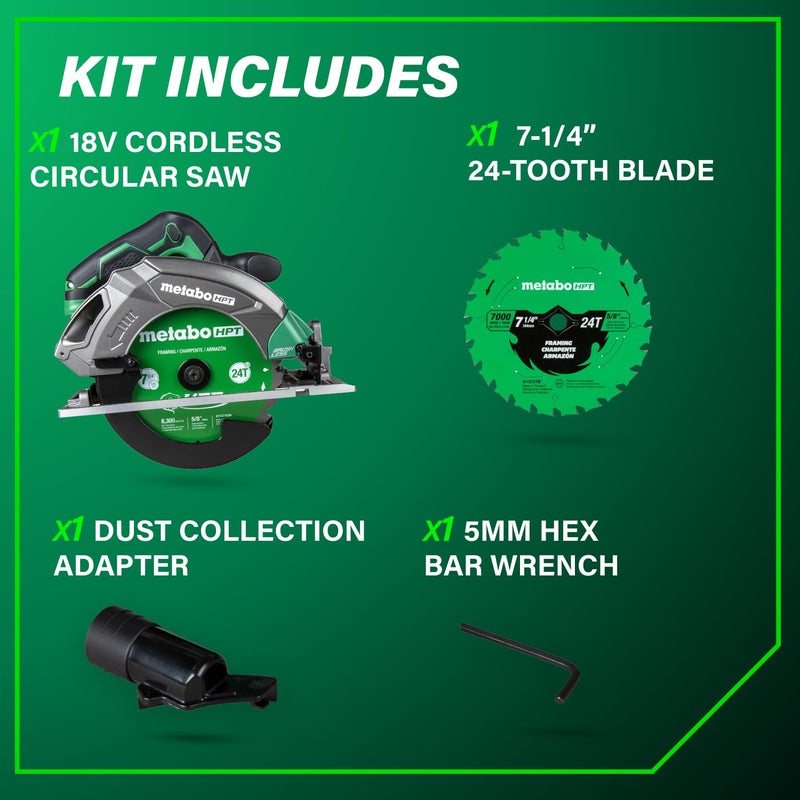 Metabo HPT 18V MultiVolt 7-1/4 Inch Cordless Circular Saw, High Torque, Lightweight Design, Up to 200 2x4 Cuts/Charge, Accepts 18V and 36V MultiVolt Metabo HPT Batteries, Tool Body Only, C1807DAQ4 - Image 5
