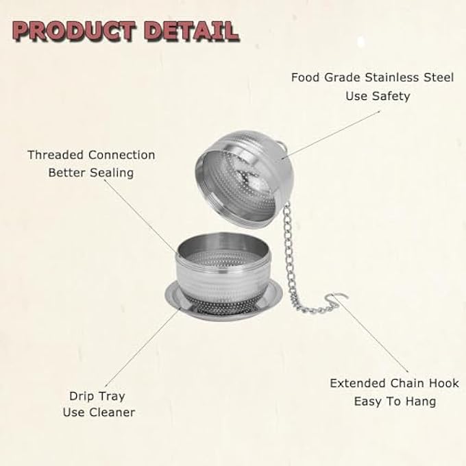 إكسفور مصفاة شاي مكونة من قطعتين من مصفاة الشاي المصنوعة من الفولاذ المقاوم للصدأ للشاي السائب، ومصفاة أوراق الشاي السائبة، وحامل كرات شاي شبكي دقيق مع خطاف سلسلة، وأكياس فلتر شاي قابلة لإعادة الاستخدام، وموزعات - Image 4