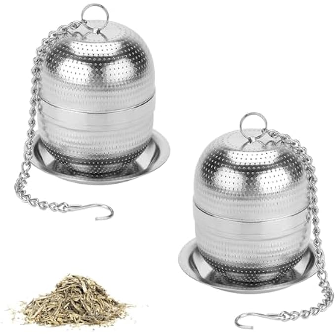 إكسفور مصفاة شاي مكونة من قطعتين من مصفاة الشاي المصنوعة من الفولاذ المقاوم للصدأ للشاي السائب، ومصفاة أوراق الشاي السائبة، وحامل كرات شاي شبكي دقيق مع خطاف سلسلة، وأكياس فلتر شاي قابلة لإعادة الاستخدام، وموزعات - Image 1