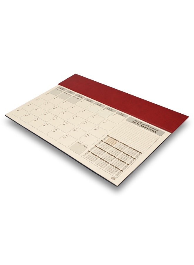FIS مخطط السنة 2026 - لوحة مكتب من PVC مع غلاف PU إيطالي بلون المارون، 490x340 مم، 12 ورقة شهرية، ورق عاجي، (إنجليزي/عربي)، مثالي للاستخدام على المكتب، ملاحظات يومية وتذكيرات - FSDKPAE26MR - Image 1