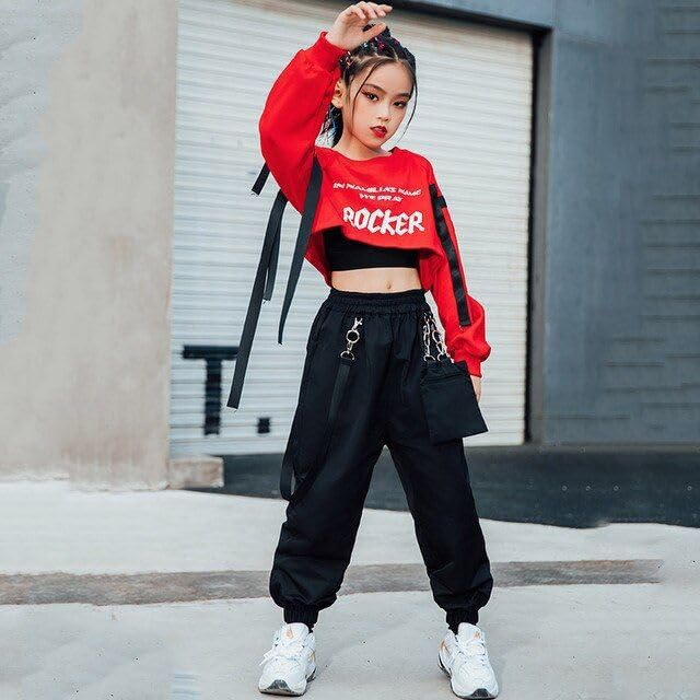 Ameeha Hip Hop Dance Costume Set, Crop Top, Tank Top, Cargo Jogger Pants, 3-Piece Street Style Outfit (Red, 7 Years-8 Years) - Image 4