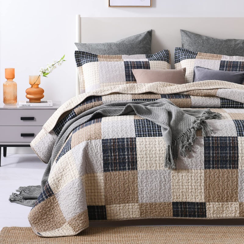 Finlonte Quilt King Size 100% Cotton Quilt, Brown Plaid Bedspread for All Seasons, Lightweight and Soft, 3-Pieces - Image 2