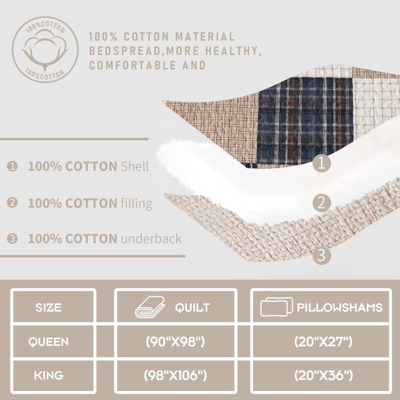 Finlonte Quilt King Size 100% Cotton Quilt, Brown Plaid Bedspread for All Seasons, Lightweight and Soft, 3-Pieces - Image 5