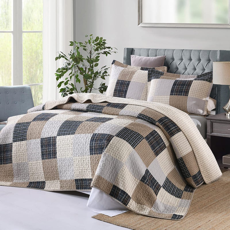 Finlonte Quilt King Size 100% Cotton Quilt, Brown Plaid Bedspread for All Seasons, Lightweight and Soft, 3-Pieces - Image 3