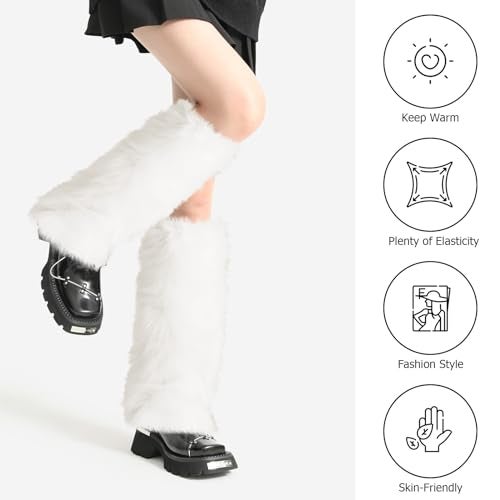 XEPST Faux Fur Fuzzy Leg Warmers Furry Boot Covers for Women, Warm Fuzzy Boot Cuff Boot Sleeves Leg Warmers for Party Costumes - White - Image 2