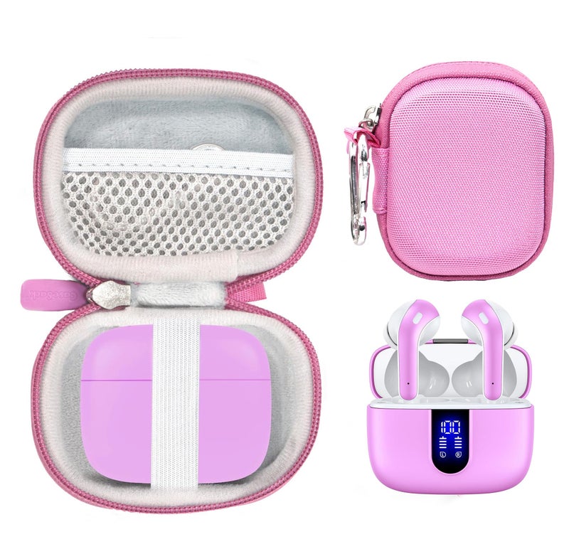 CaseSack Case for TAGRY X08 Bluetooth Headphones True Wireless Earbuds 60H, mesh Pocket for Charge Cable (Pink) - Image 1