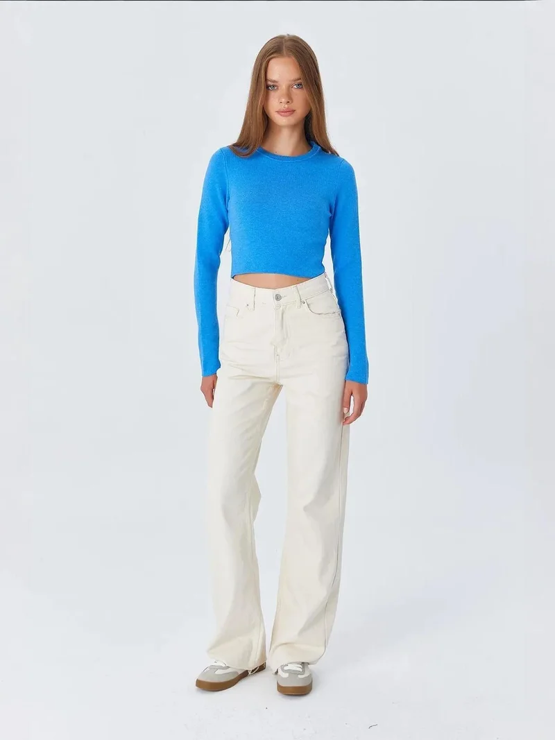 Mixray Maya Blue Mixray Long Sleeve Basic Crop Knit Top for Women | Best Price UAE