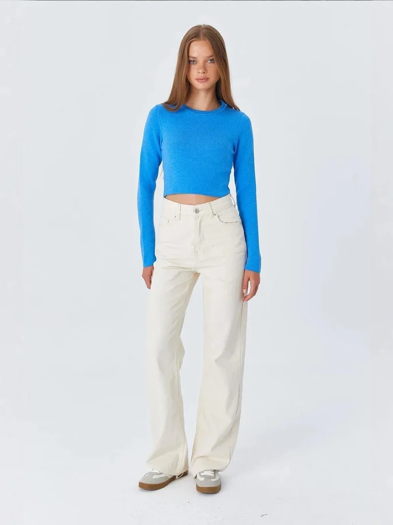 Mixray Maya Blue Mixray Long Sleeve Basic Crop Knit Top for Women | Best Price UAE