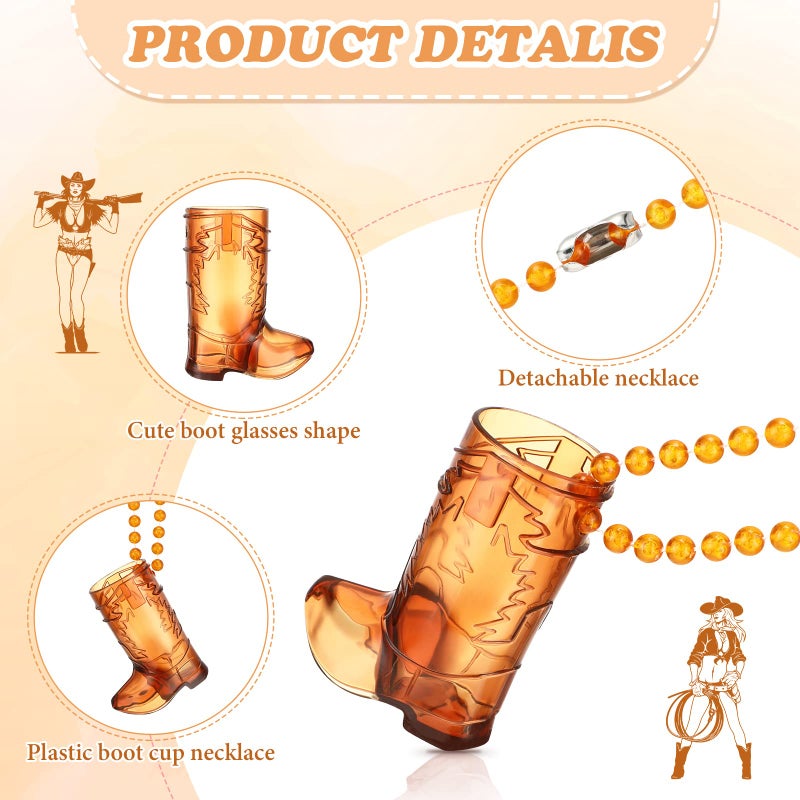 Sieral 12 Pcs Cowboy Boot Shot Glasses on Beaded Necklace Plastic Reusable Cowgirl Shot Boot Glasses Necklace Party Cups for Cowboy Cowgirl Bachelorette Carnival Western Birthday (Transparent Brown) - Image 2